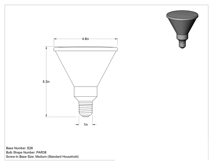 Teknik Çizim - Ampul, Vidalı Taban, Spot Işığı, PAR38, 120V AC, Sıcak, 3000K
