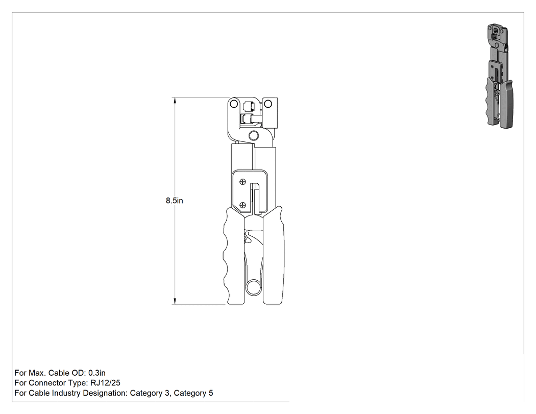 Teknik Çizim - Ethernet Kablosu Cırcırlı Sıkma Aleti, 8-1/2" Uzunluk