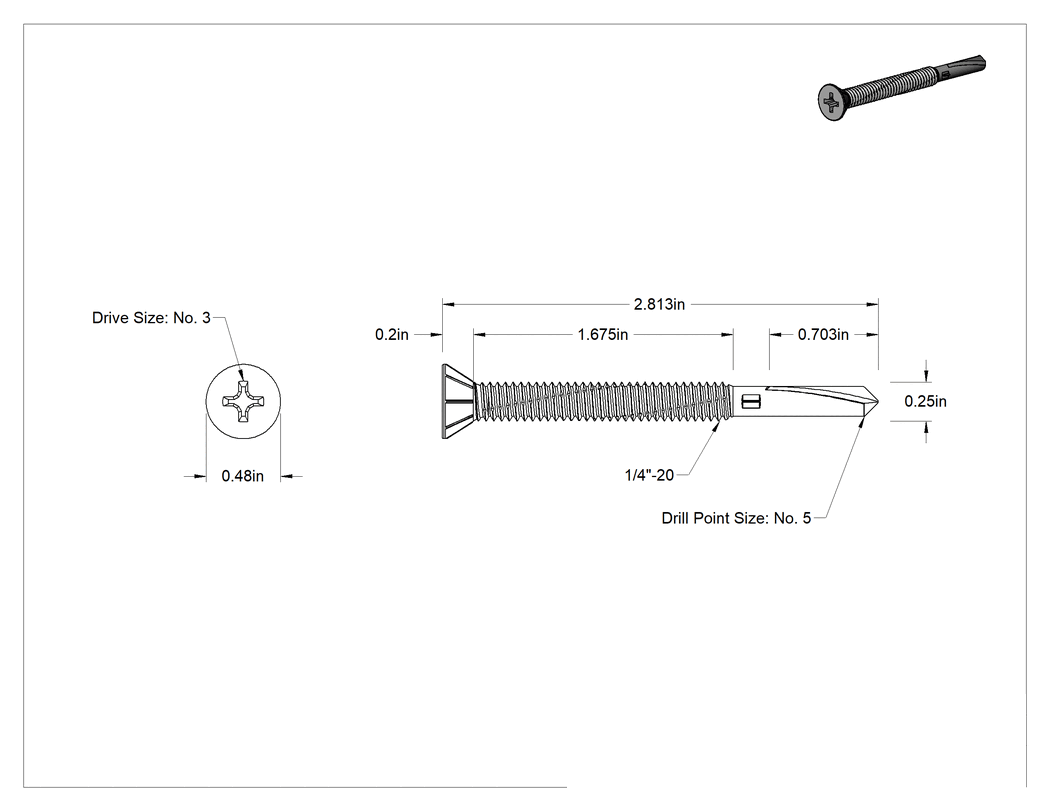 Teknik Çizim - Paslanmaz Çelik Delme Vidası, Ahşap-Metal, 1/4" Boyut, 2.81" Uzunluk