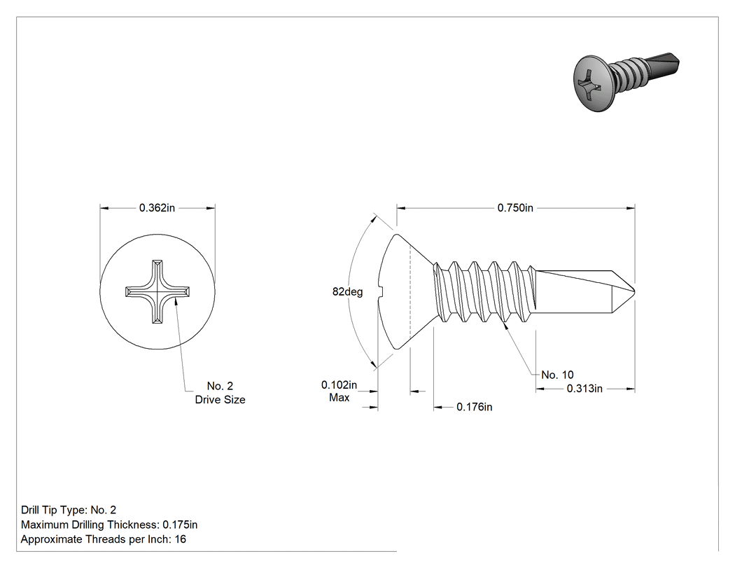 Teknik Çizim - 18-8 Paslanmaz Çelik Metal için Oval Başlı Delme Vidaları, 10 Numaralı Vida Boyutu, 3/4" Uzunluk