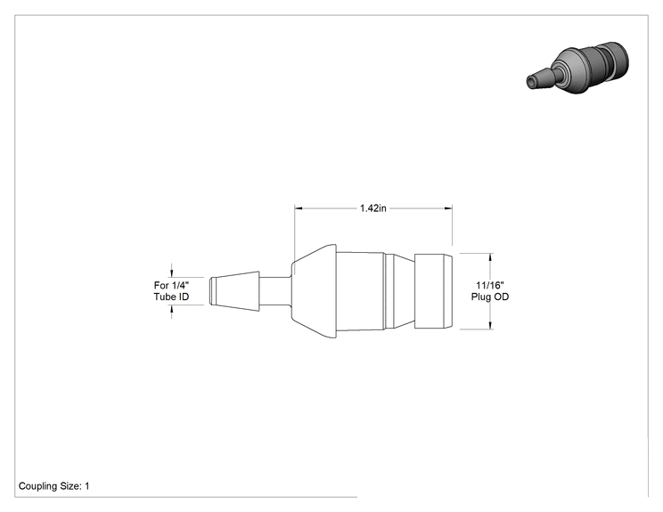 Teknik Çizim - Kimyasallar için Yüksek Akışlı Hızlı Bağlantı Tüp Bağlantısı, Kapatma Valfli Erkek Uç, 1/4" Boru İç Çapı için, 1 Kaplin Boyutu