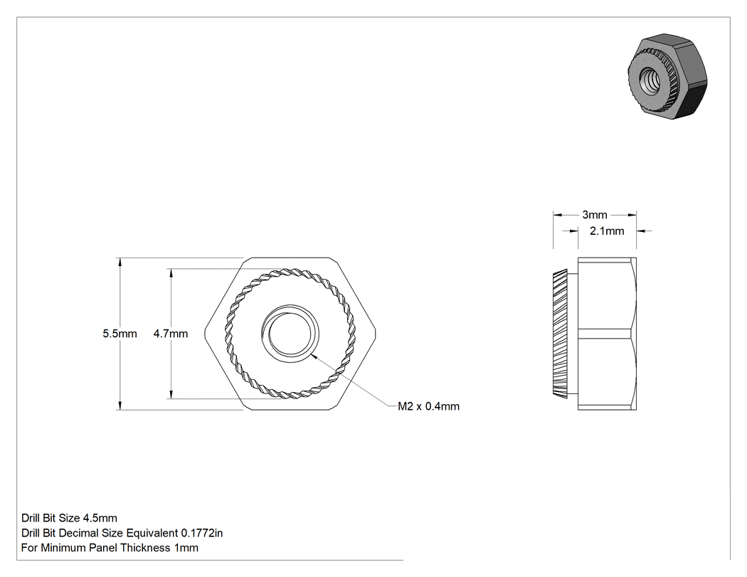 Teknik Çizim - Çinko Kaplı Çelik Sac Metal için Presle Takılan Somun, Altıköşe Başlık, M2 x 0.4 mm, 1 mm Minimum Panel Kalınlığı için