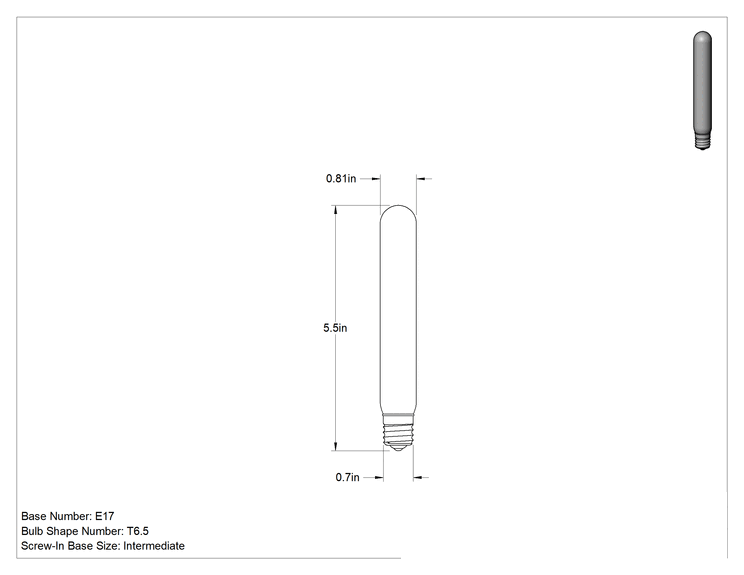 Teknik Çizim - Ampul, T6 1/2, Ara Taban, 120V, 20W, Akkor