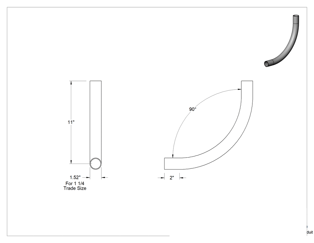 Teknik Çizim - 1-1/4 Anma Ölçüsü Erkek Galvanizli Çelik 90 Derece Dirsek, İnce Cidarlı (EMT) Çelik Kanal için