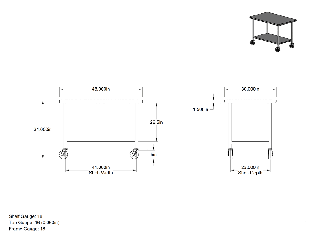 Teknik Çizim - Paslanmaz Çelik Masa, Raflı, Mobil, 34" Yükseklik x 48" Genişlik x 30" Derinlik