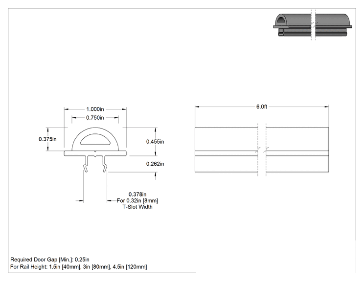 Teknik Çizim - T-Yivli Çerçeve, 1.5 inç ve 40 mm Yüksekliğinde Ray için Sıralı Conta, 9/16" Çıkıntı