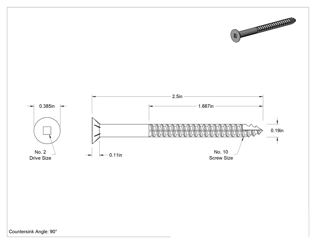 Teknik Çizim - Ahşap için Tırtıklı Kare Tabanlı Havşa Başlı Vidalar, 18-8 Paslanmaz Çelik, 10 Numaralı Boyut, 2-1/2" Uzunluk