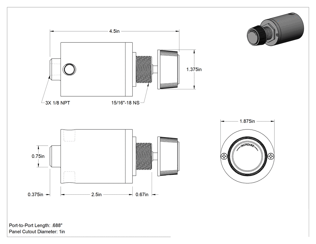 Teknik Çizim - Hava için Panele Monte Vakum Düzenleme Valfleri, Hava için, 1/8 NPT Dişi Giriş x Çıkış