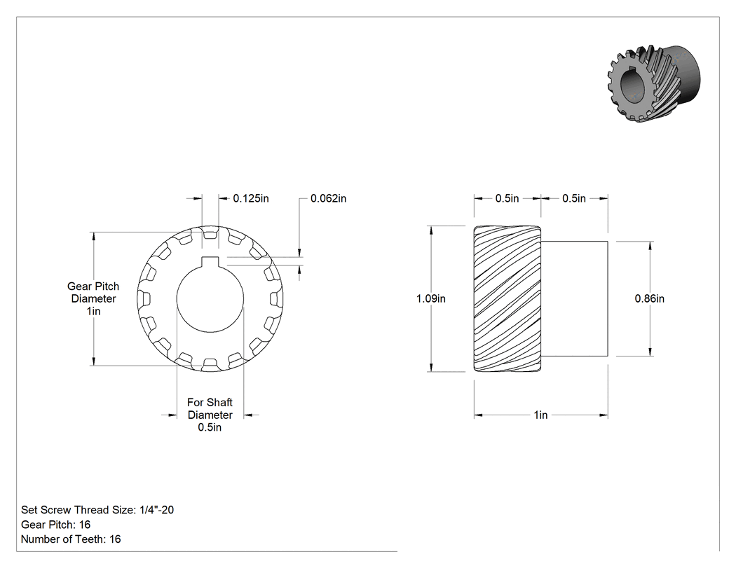 Teknik Çizim - Yüksek Güçlü Metal Dişli, Sol Yönlü, 16 Adım, 16 Diş