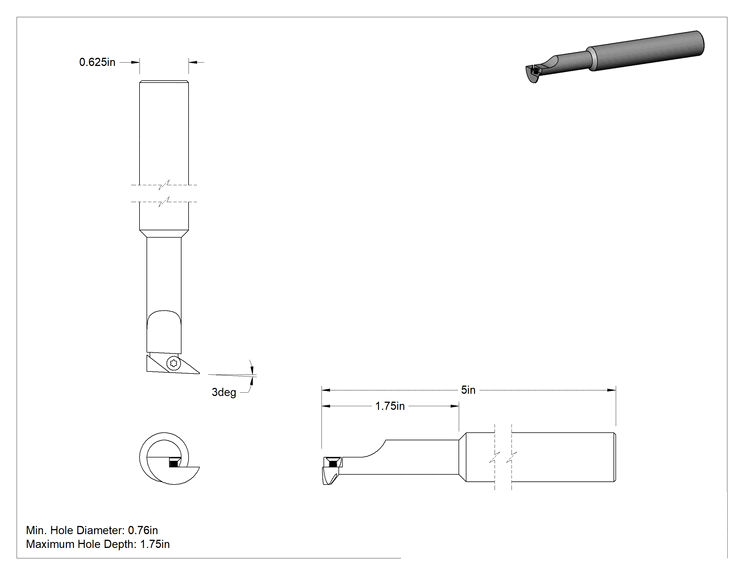 Teknik Çizim - İç Profilleme Karbür Uç Tutucular, 5/8" Çaplı Şaft ve 0.438" Çaplı Boyunlu