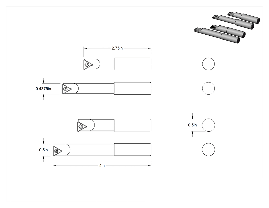 Teknik Çizim - Karbür Uçlu Delme Torna Takımı, 1/2" Şaft Çapı, 4 Parça Set