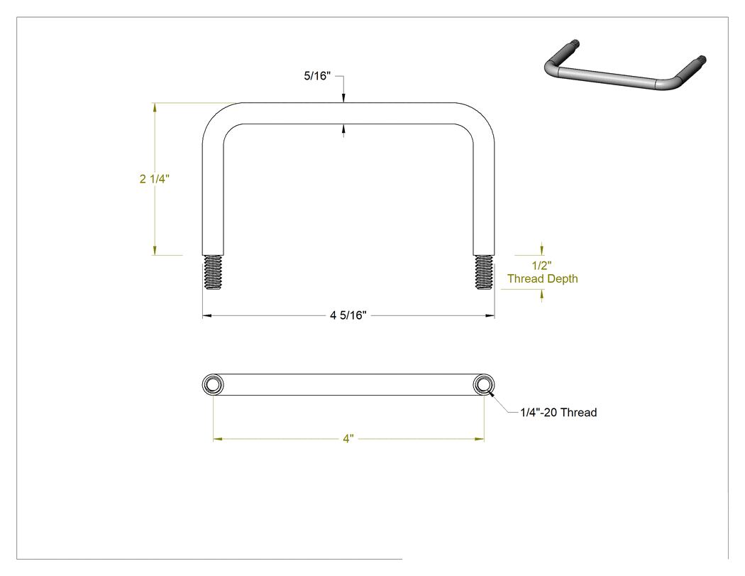 Teknik Çizim - Yuvarlak Tutma Kolu, 1/4"-20 Dişli Saplama, 4" Genişliğinde Merkezden Merkeze, Alüminyum