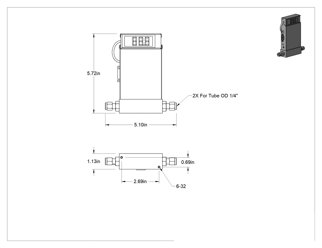 Teknik Çizim - Gazlar için Sıkıştırma Borusu Akış Transmiterleri, 1/4" Boru Dış Çapı için, 0 ila 0.01 lpm