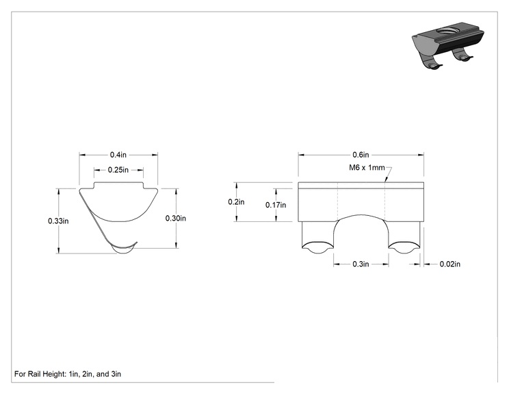 Teknik Çizim - T-Yivli Çerçeve, Takılabilir Kendinden Hizalamalı Yaylı Tırnaklı Somun, 1" Ray, M6 Diş
