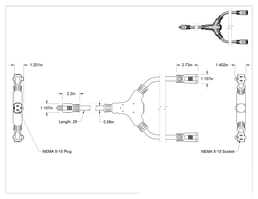 Teknik Çizim - Elektrik Kablosu Adaptörü, 2 Çıkışlı, NEMA 5-15 Fiş x NEMA 5-15 Priz, 2 ft Uzunluk