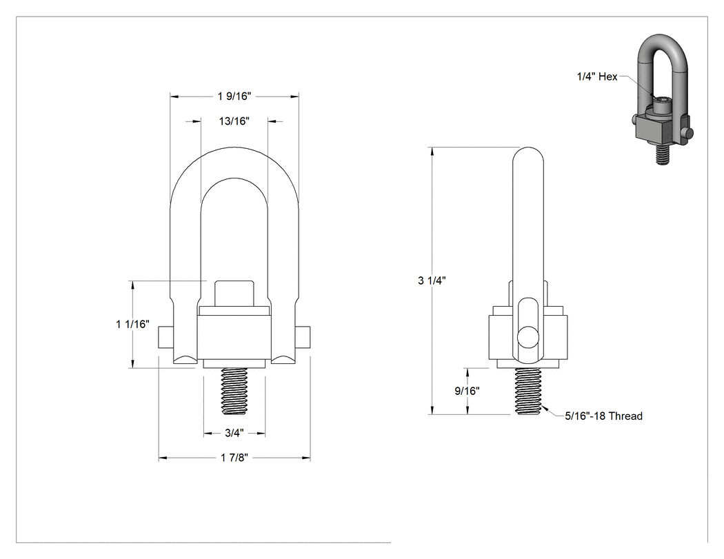 Teknik Çizim - Kaldırma için Nikel Kaplı Çelik Kaldırma Halkası, İşlenmiş, 5/16"-18 Diş Boyutu, 3-1/4" Toplam Yükseklik
