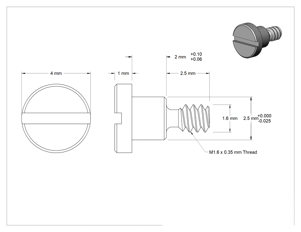 Teknik Çizim - Yivli 18-8 Paslanmaz Çelik Hassas Omuzlu Vida, Düşük Profil, 2.5 mm Çap, 2 mm Uzunluk, M1.6 x 0.35 mm Diş