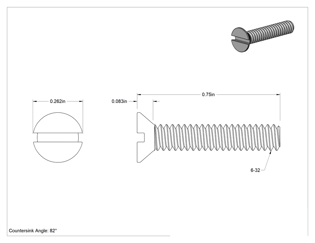Teknik Çizim - Alüminyum Yivli Havşa Başlı Vidalar, 6-32 Diş Boyutu, 3/4" Uzunluk