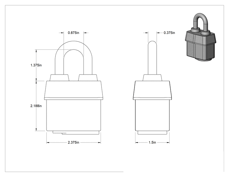 Teknik Çizim - Lamine Çelik Gövdeli Hava Koşullarına Dayanıklı Asma Kilit, Ekstra Boşluklu, Master Lock 6125, #10G007 anahtarlı