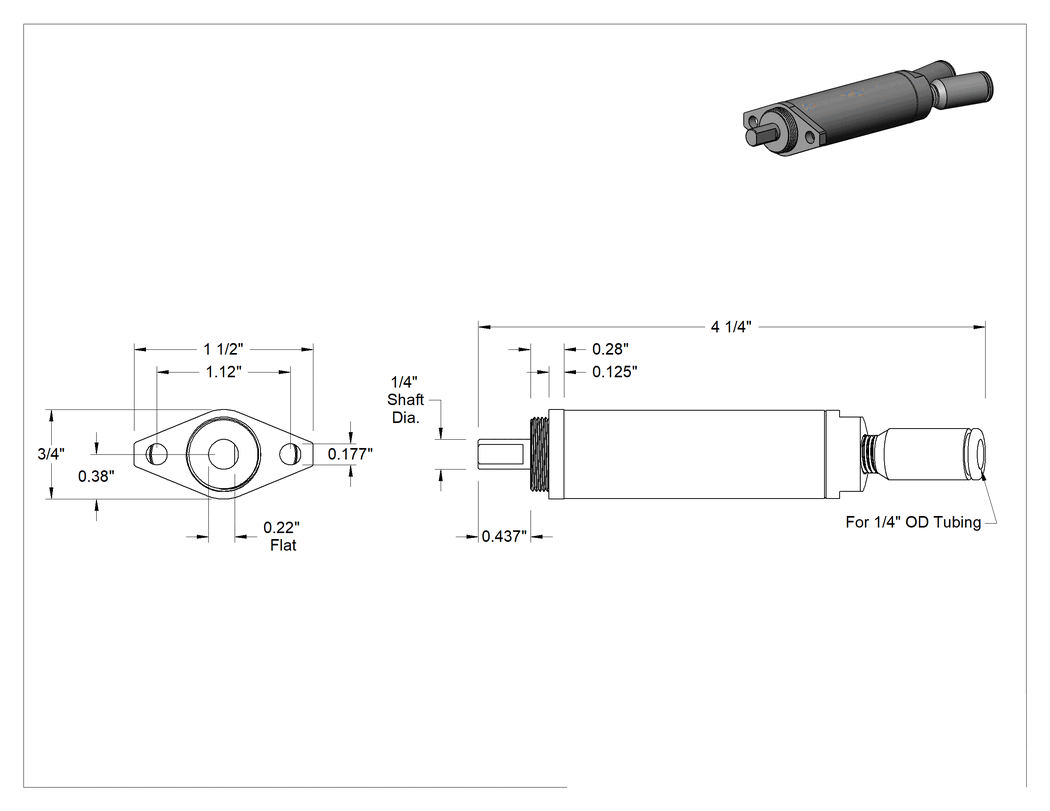 Teknik Çizim - Kompakt Pnömatik Dişli Motor, Bas-Bağlan Tüp Girişli, 0.137 hp, 6300 Maksimum dev/dak