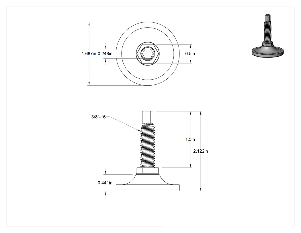 Teknik Çizim - Çinko Kaplı Çelik Saplamalı Sert Tesviye Bağlantı Elemanları, Kolay Ayar, Naylon Taban, 3/8"-16 Diş Boyutu