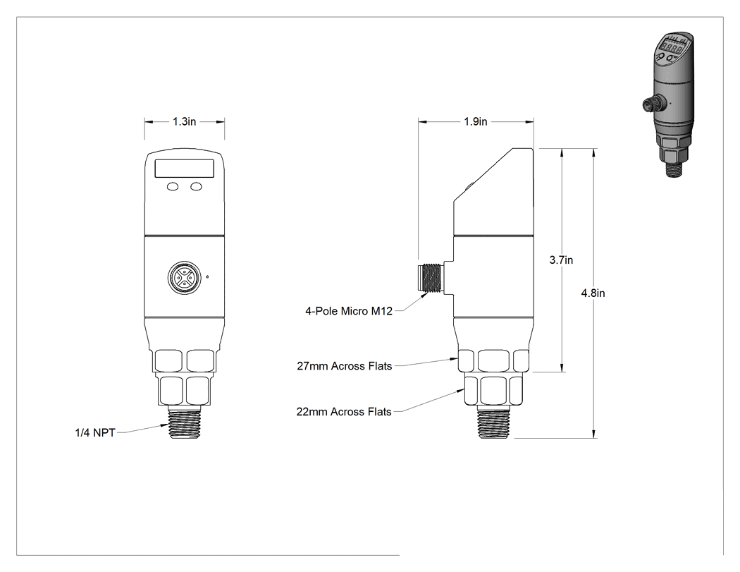 Teknik Çizim - Dijital Ekranlı Basınç Transmitteri, 4 Kutuplu Mikro M12 Konektör Bağlantısı, 0-1450 PSI
