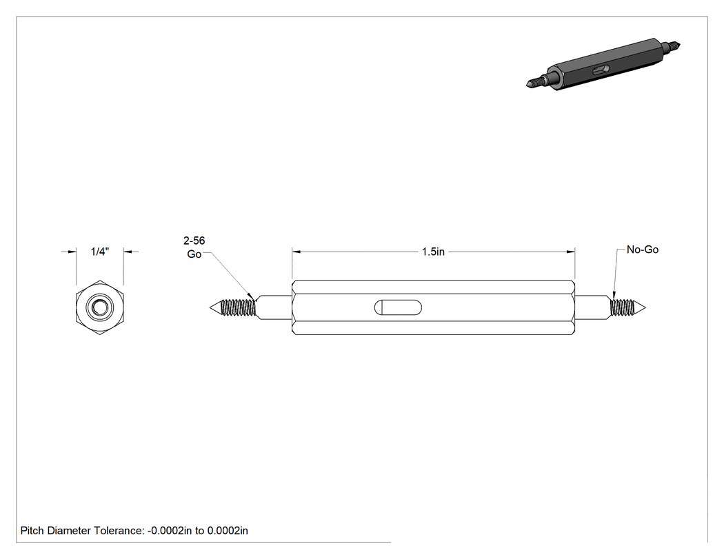 Teknik Çizim - Go/No Go Helisel Insertlı Dişli Tıkaç Ölçer, Kulp ve Kalibrasyon Sertifikası, 2-56 Diş Boyutu