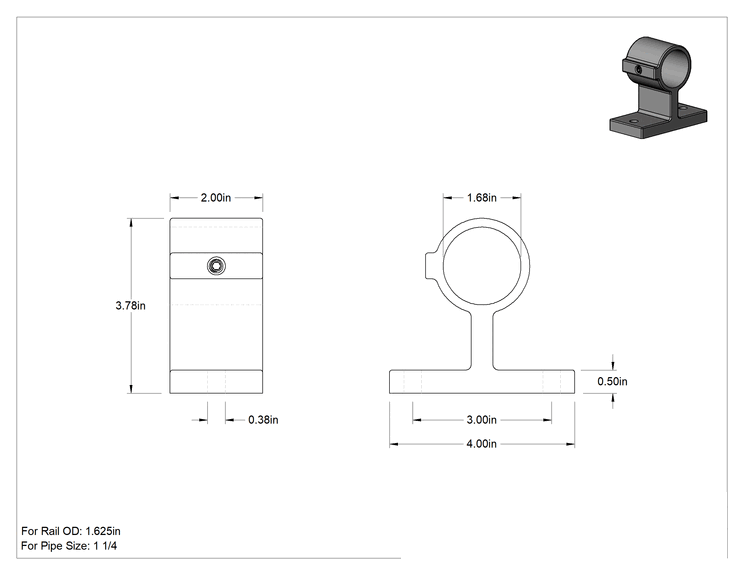 Teknik Çizim - Alüminyum Giydirme Bağlantı Parçası, Delik İçinden Geçen Ofset Destek, 3-3/4" Yükseklik, 1-5/8" Ray Dış Çapı