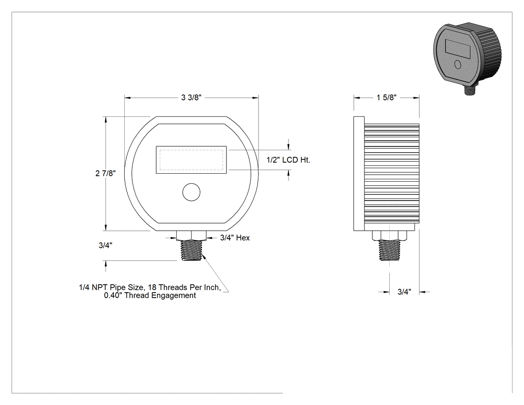 Teknik Çizim - Yüksek Hassasiyetli Dijital Basınç Test Göstergesi, Akü ile Çalışan, 0-1000 PSI