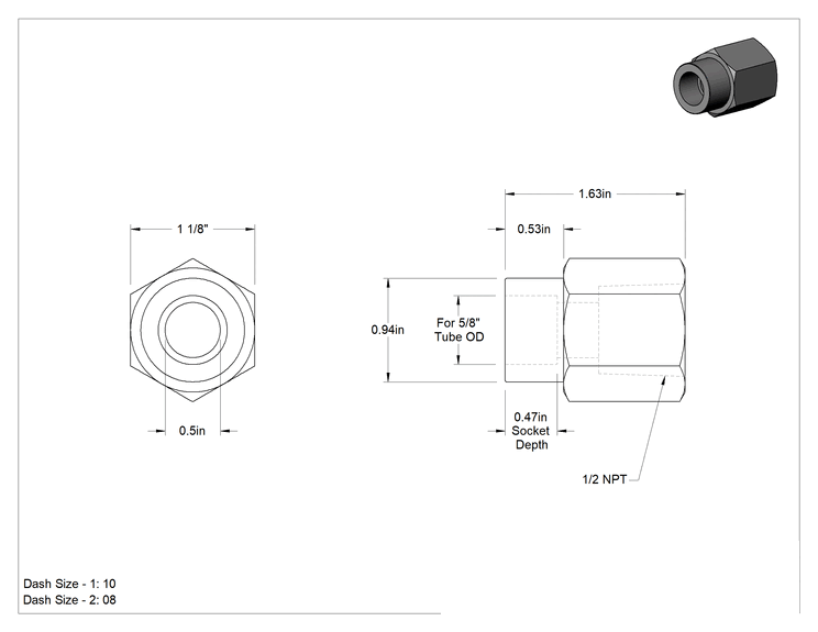 Teknik Çizim - Paslanmaz Çelik Borular için Soket Bağlantılı Fitting, Soket x Dişi Boru Adaptörü, 5/8" Boru Dış Çapı, 1/2" NPT