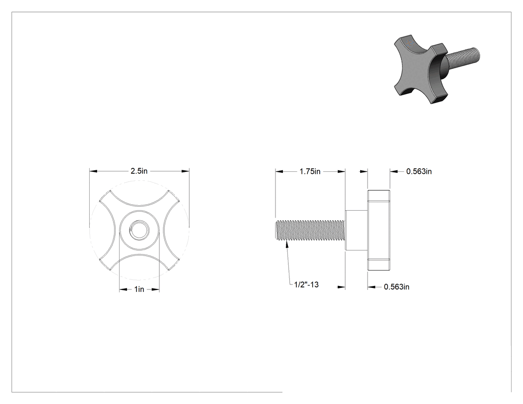 Teknik Çizim - Alüminyum dört kollu topuz, 1/2"-13 Dişli 1-3/4" Uzunlukta Saplamalı, 9/16" Baş Yüksekliği