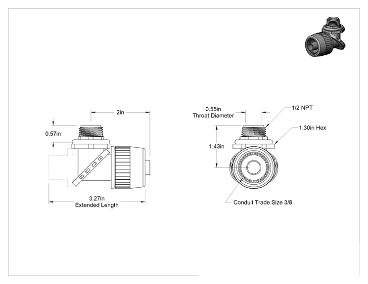 Teknik Çizim - Sıvı Geçirmez Esnek Plastik Kanal Adaptörü, Ayarlanabilir Açılı Dirsek, 3/8 Geçmeli Dişi X1/2 NPT Erkek, Gri