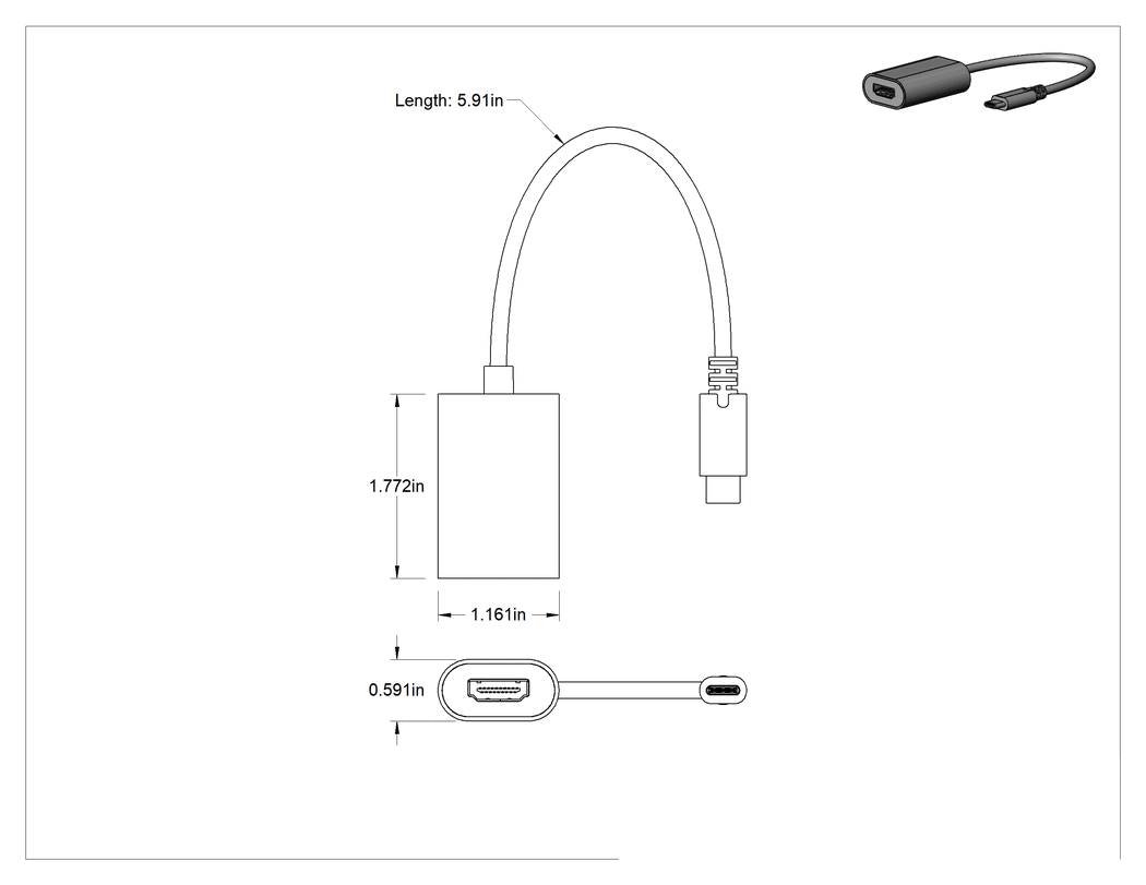 Teknik Çizim - USB Adaptör Kablosu, C Fiş x Standart HDMI Soket, 6 inç Uzunluk