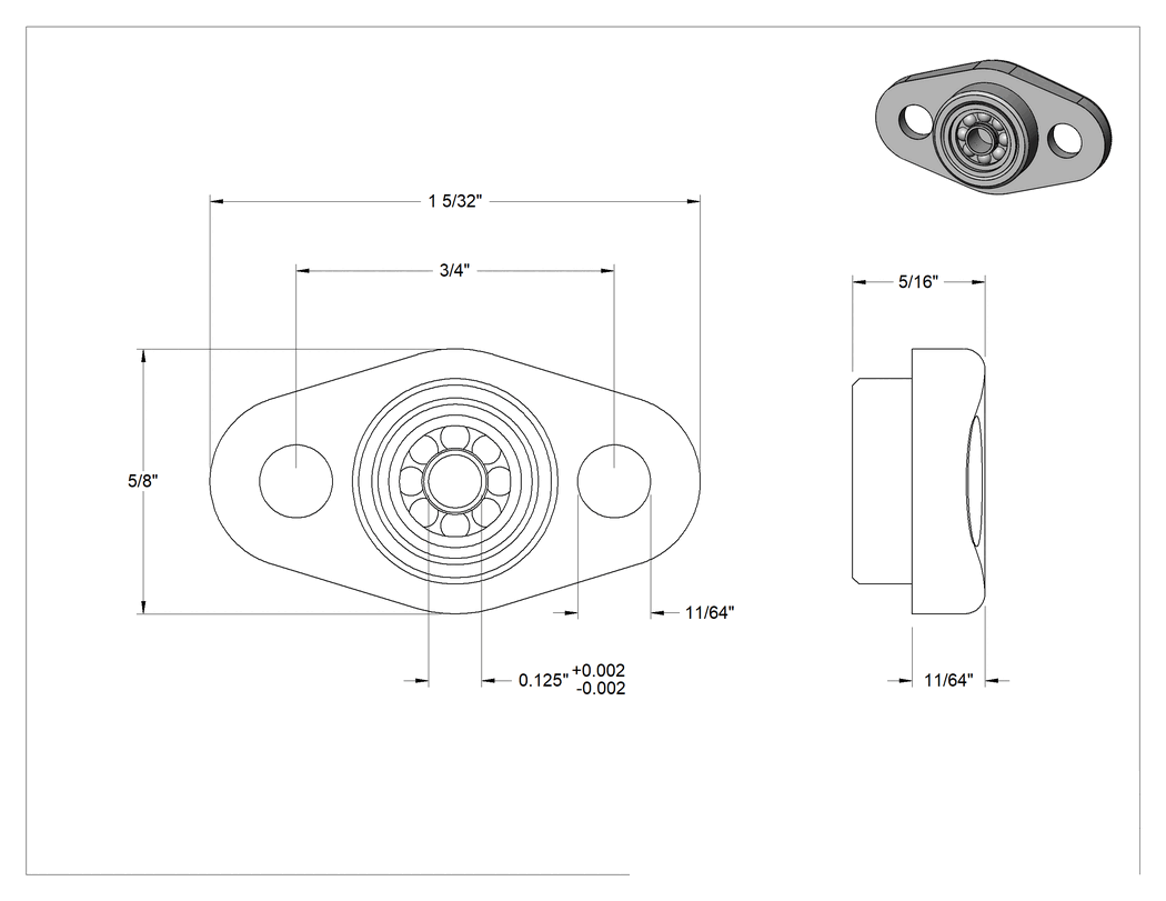 Teknik Çizim - İki Cıvatalı Flanşlı Montajlı Bilyalı Rulman, Açık, 1/8" Mil Çapı için