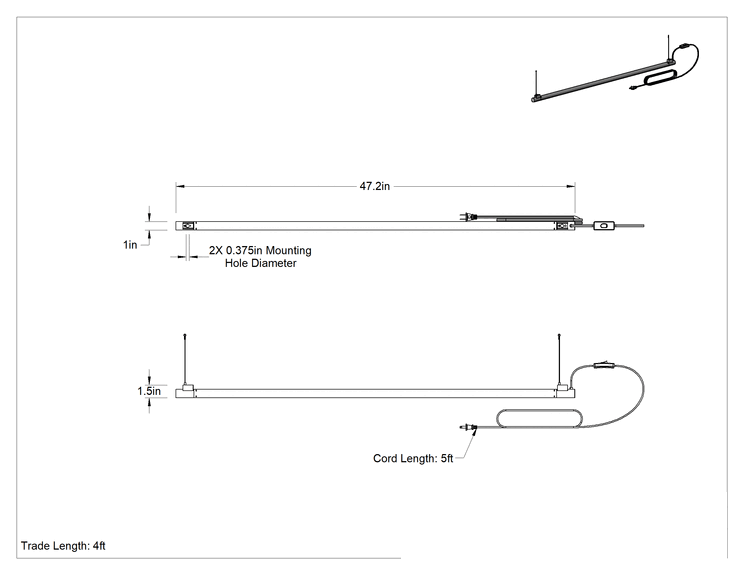 Teknik Çizim - Takılabilir Tavan Işığı, Tavan Montajı, 47-1/4" Uzunluk x 1-1/16" Genişlik Toplam
