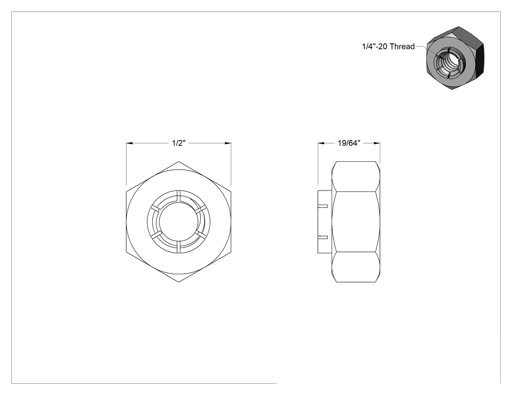 Teknik Çizim - 18-8 Paslanmaz Çelik Ağır Profilli Esnek Üstlü Kilit Somunu, Şiddetli Titreşim için, 1/4"-20 Diş Boyutu