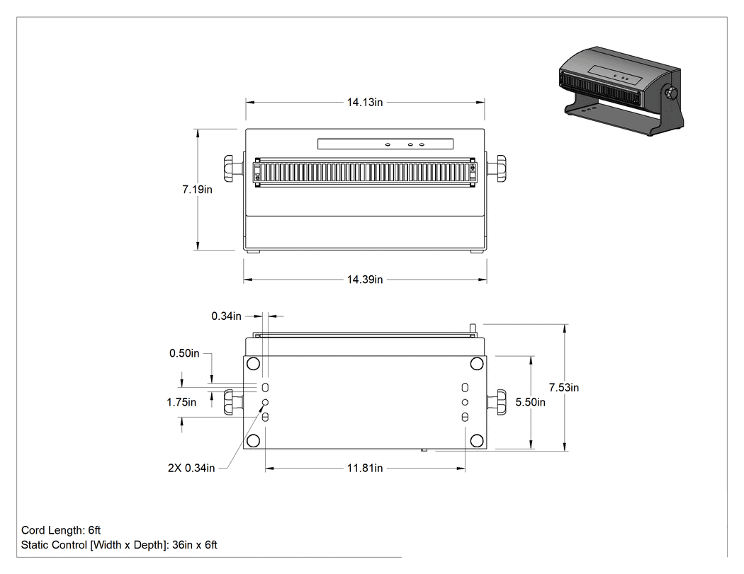 Teknik Çizim - Üfleyici İyonlaştırıcı, Isıtıcılı, 150 CFM Hava Akışı