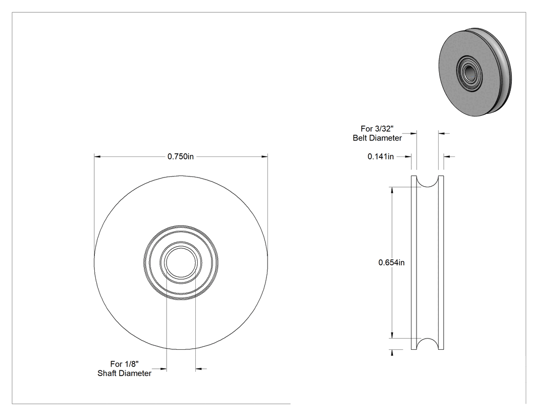Teknik Çizim - Avara Kasnağı, 3/32" çaplı yuvarlak kayış için, 0.8" Dış Çap
