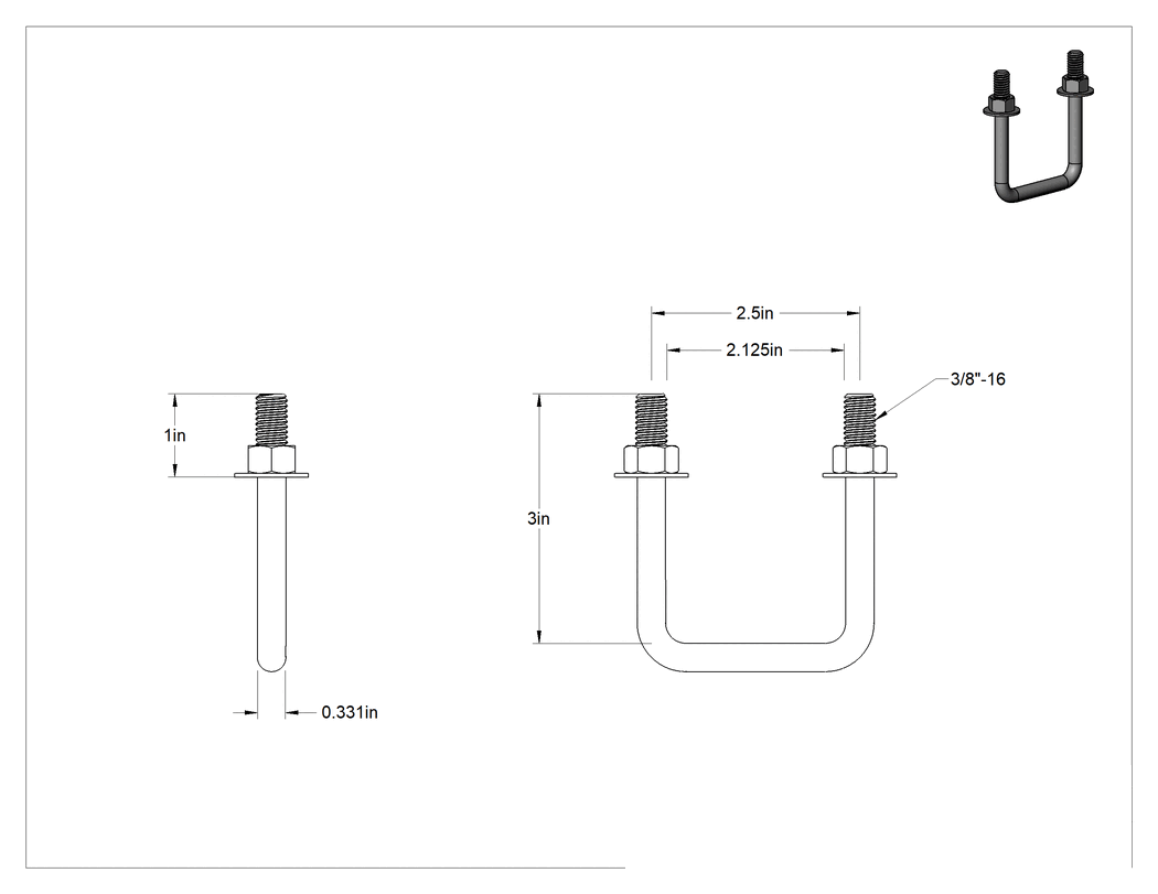 Teknik Çizim - Kare U-Cıvata, Çinko Kaplamalı, 3/8"-16 Diş Boyutu, 2-1/8" İç Genişlik, 3" Yükseklik