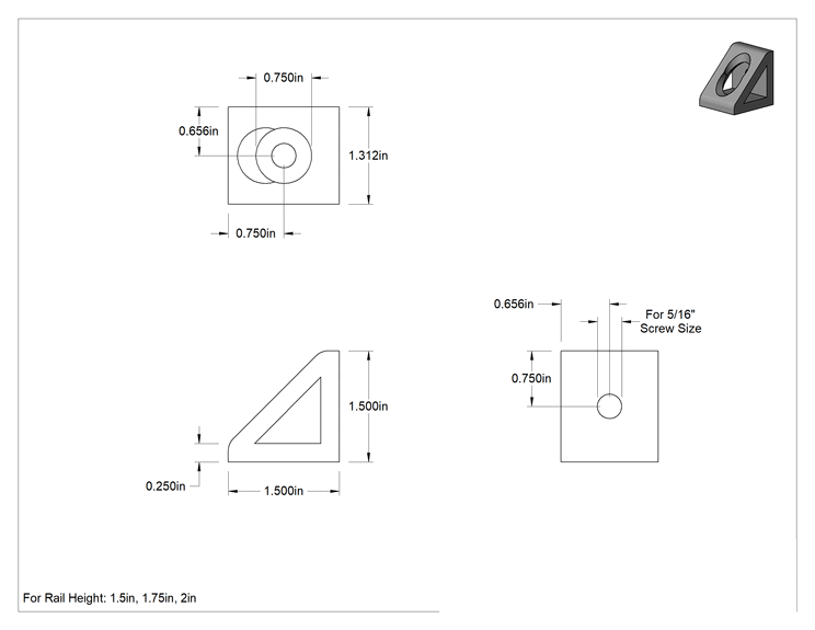 Teknik Çizim - Alüminyum Cıvatalı Çerçeveleme için 1-1/2" Uzunlukta Açık Köşebent Braketi