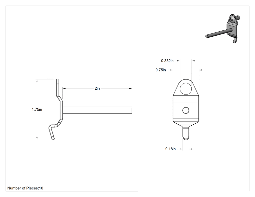 Teknik Çizim - Sabit Delikli Pano Kancası, Hafif Hizmet, 1/8" ve 1/4" Delik için, 2" Çıkıntı, Çinko Kaplı Çelik