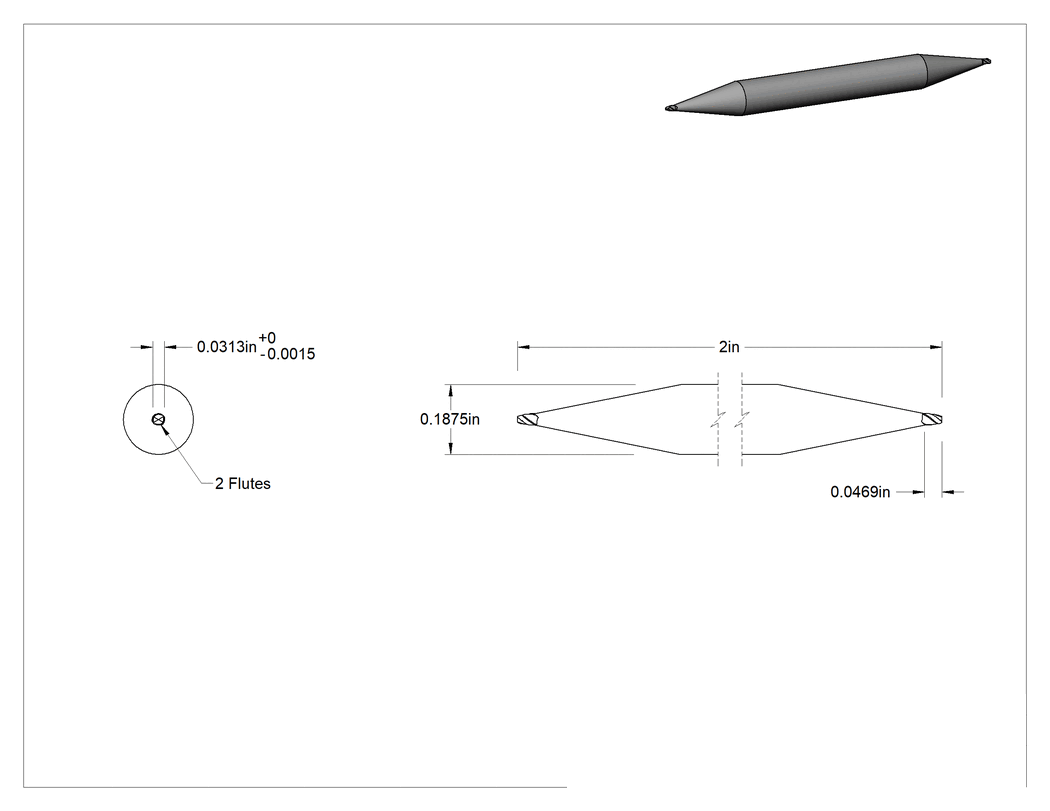 Teknik Çizim - İki Freze Uçlu Kaplamasız Yüksek Hızlı Çelik 2 Kanallı Uçlu Freze, Kare Uç, 1/32" Freze Çapı, 3/64" Kesme Uzunluğu, 2" Toplam Uzunluk