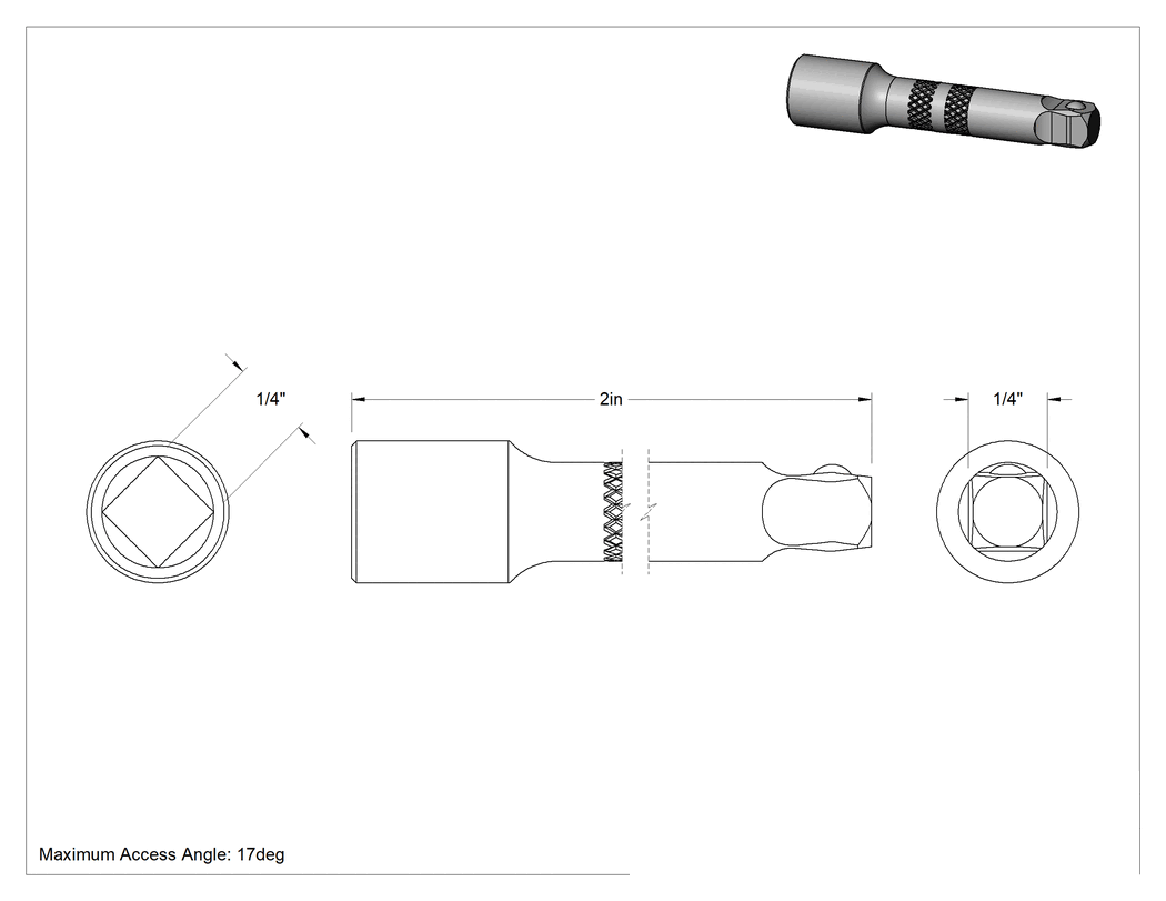 Teknik Çizim - 1/4" Kare Tahrik Salınımlı Lokma Uzatma, 2" Toplam Uzunluk