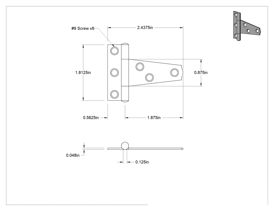 Teknik Çizim - Kayış Menteşesi, Çinko Kaplı Çelik, 7/8" x 1-7/8" Kapı Kanadı
