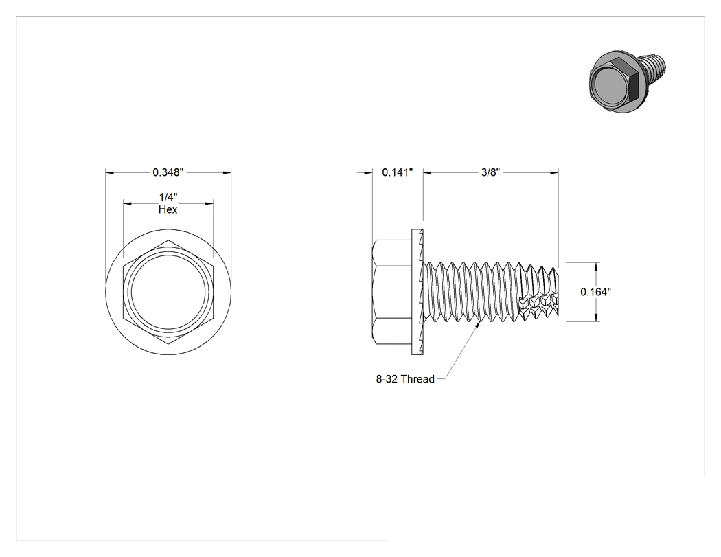 Teknik Çizim - Çelik Flanşlı Altıköşe Başlı Diş Açma Vidası, Tırtıklı, Çinko Kaplamalı, 8-32 Diş Boyutu, 3/8" Uzunluk