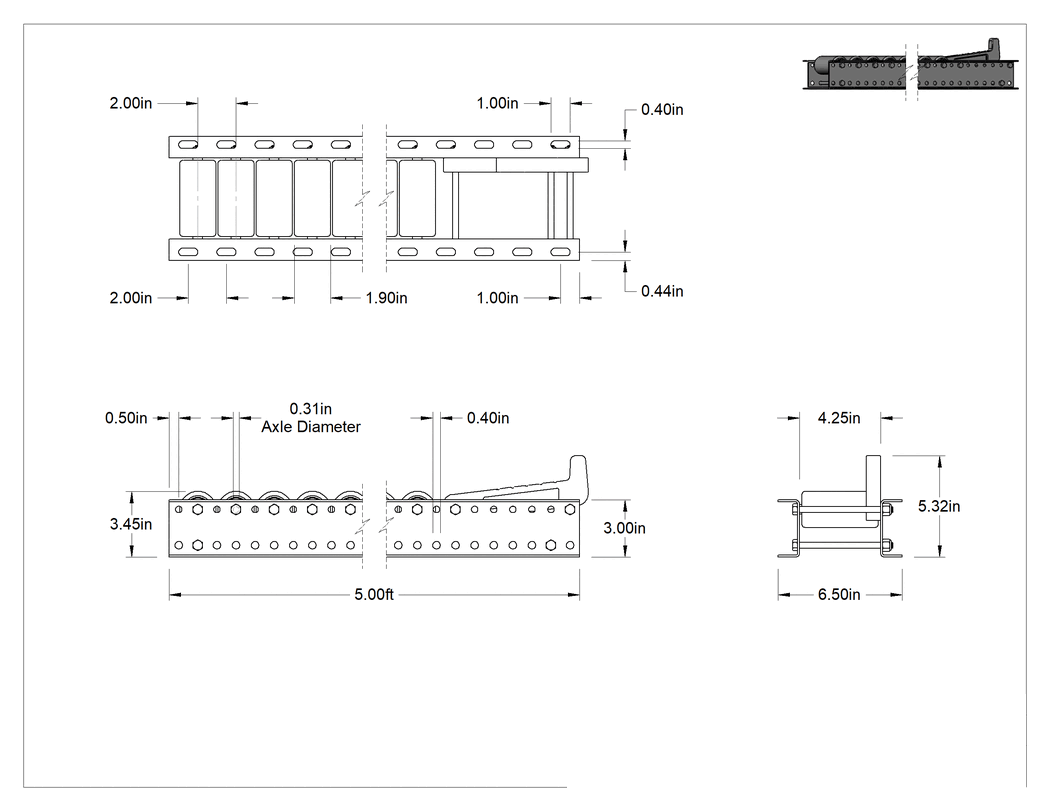 Teknik Çizim - Tekerlekli Akış Rayı, 5 Fit Uzunluk