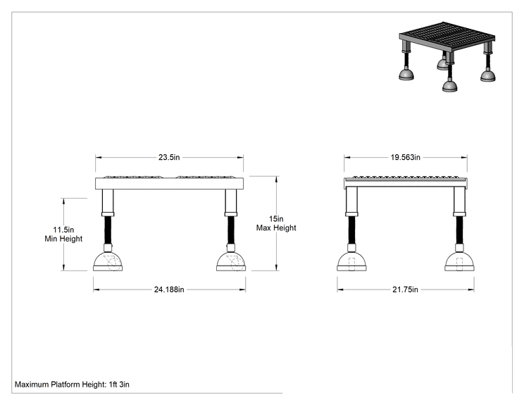 Teknik Çizim - Yuvarlanan Çalışma Platformu, Sarı Toz Boyalı Çelik, 11.5" ila 15" Yükseklik x 24" Toplam Genişlik