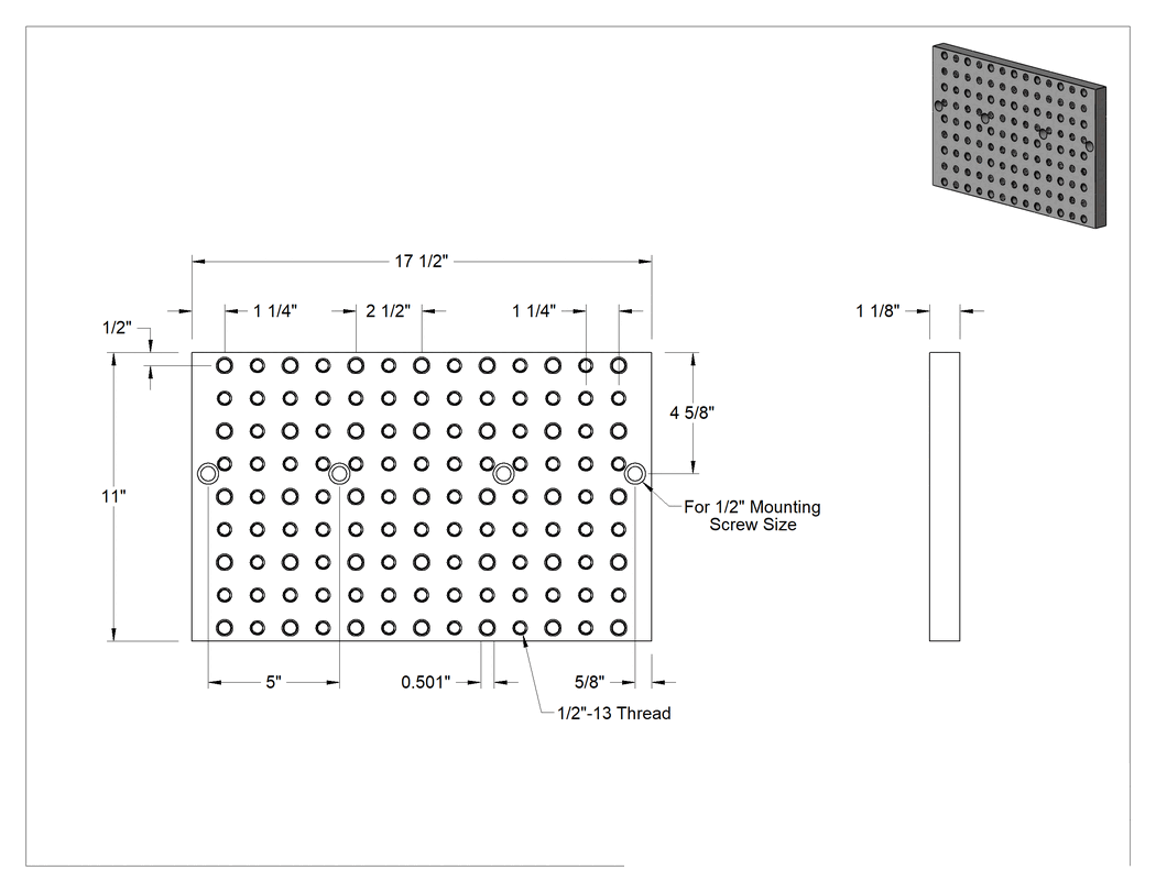 Teknik Çizim - Izgara Sabitleme Plakası, A36 Çelik, 17-1/2" Uzunluk, 11" Genişlik, 1-1/8" Kalınlık, 82 Dişli Delik