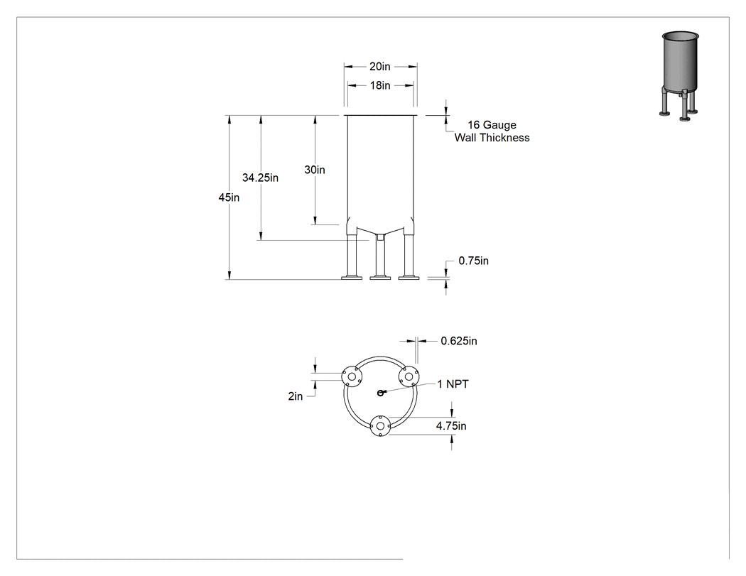 Teknik Çizim - 304 Paslanmaz Çelik Kolay Boşaltmalı Tank, 30 Galon Kapasite