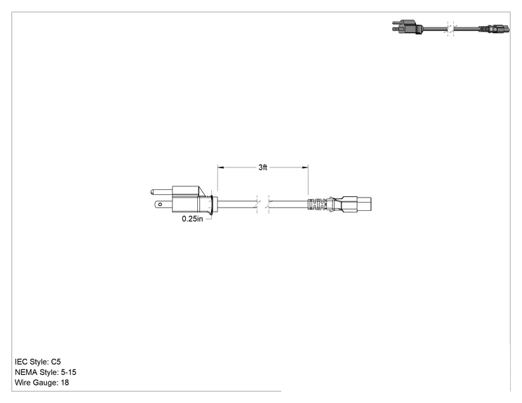 Teknik Çizim - Elektronik Ekipman Güç Kabloları, NEMA 5-15 Fişi x IEC C5 Soketi, 18 AWG, 3 Fit Uzunluk